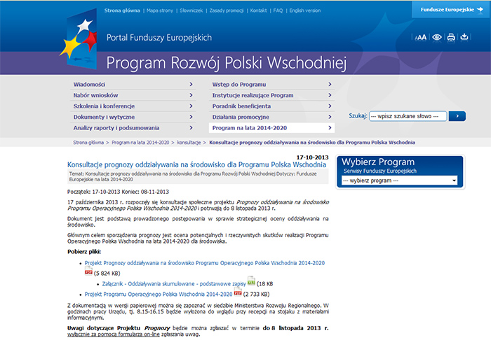 Konsultacje społeczne ws. Prognoza oddziaływania na środowisko projektu Polska Wschodnia 2014 - 2020