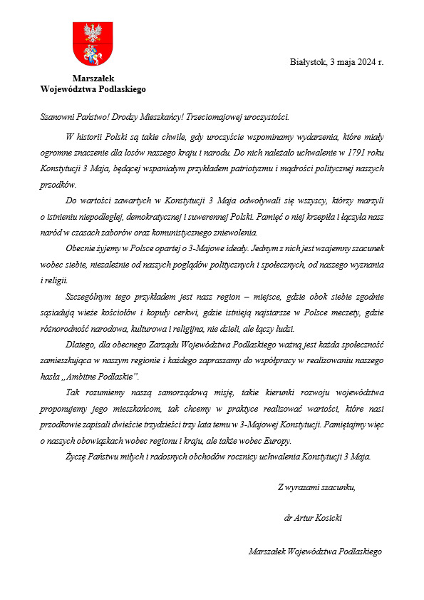 List Marszałka Województwa Podlaskiego Artura Kosickiego z okazji Święta Konstytucji 3 Maja