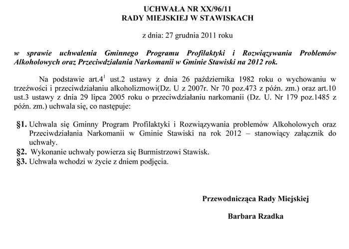 Uchwała Nr XX/96/11 Rady Miejskiej w Stawiskach