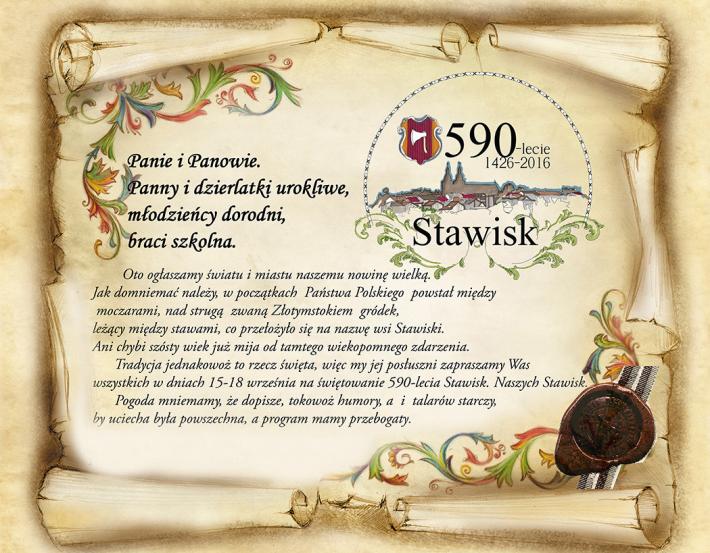 Burmistrz Stawisk i Stowarzyszenie Integracyjno - Sportowe zapraszają na obchody 590-lecia Stawisk