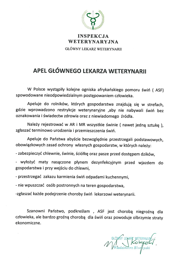 Apel Głównego Lekarza Weterynarii w sprawie ASF