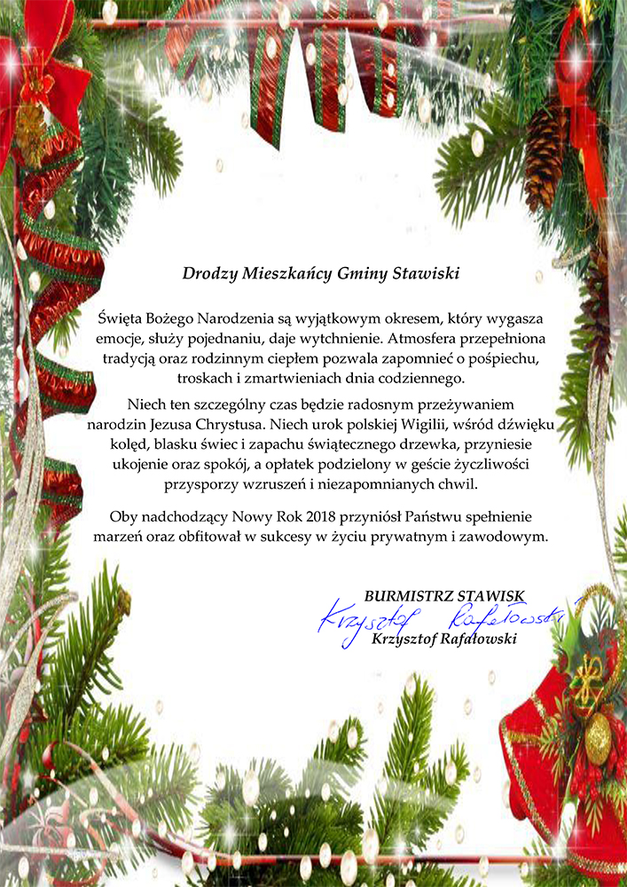 Życzenia Bożonarodzeniowe Burmistrza Stawisk