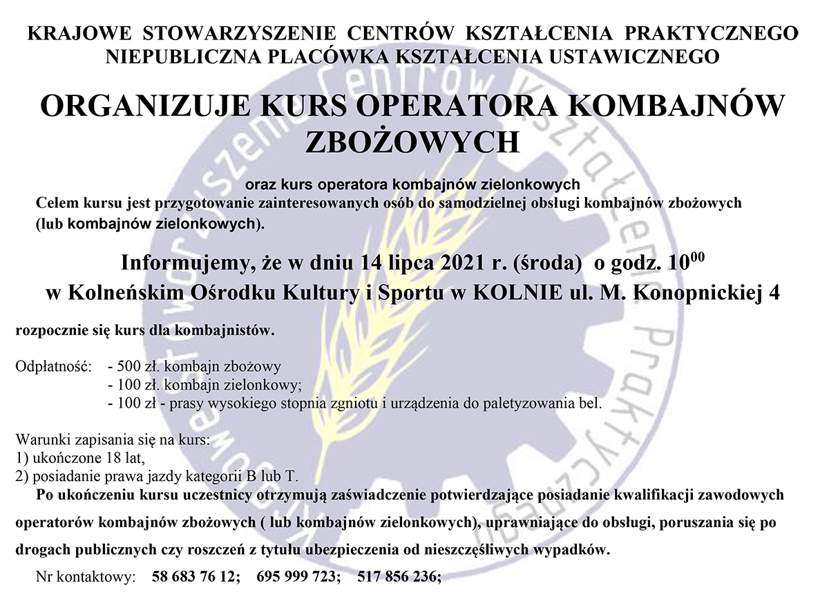 KURS OPERATORA KOMBAJNÓW ZBOŻOWYCH