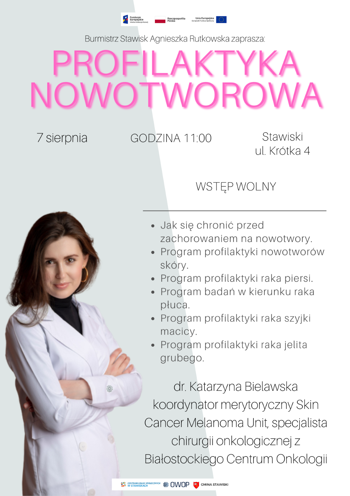 Burmistrz Stawisk Agnieszka Rutkowska zaprasza na spotkanie dot. profilaktyki nowotworowej