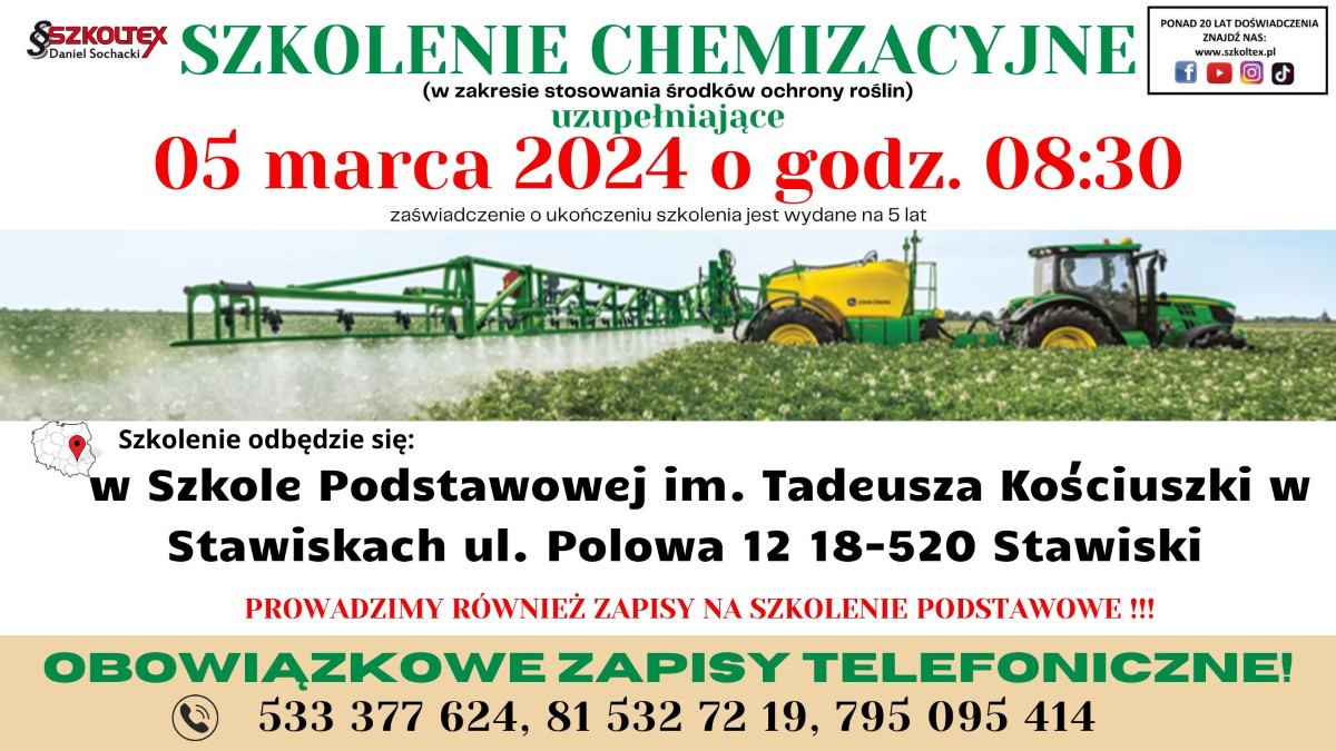 Szkoltex zaprasza do wzięcia udziału w uzupełniającym szkoleniu chemizacyjnym