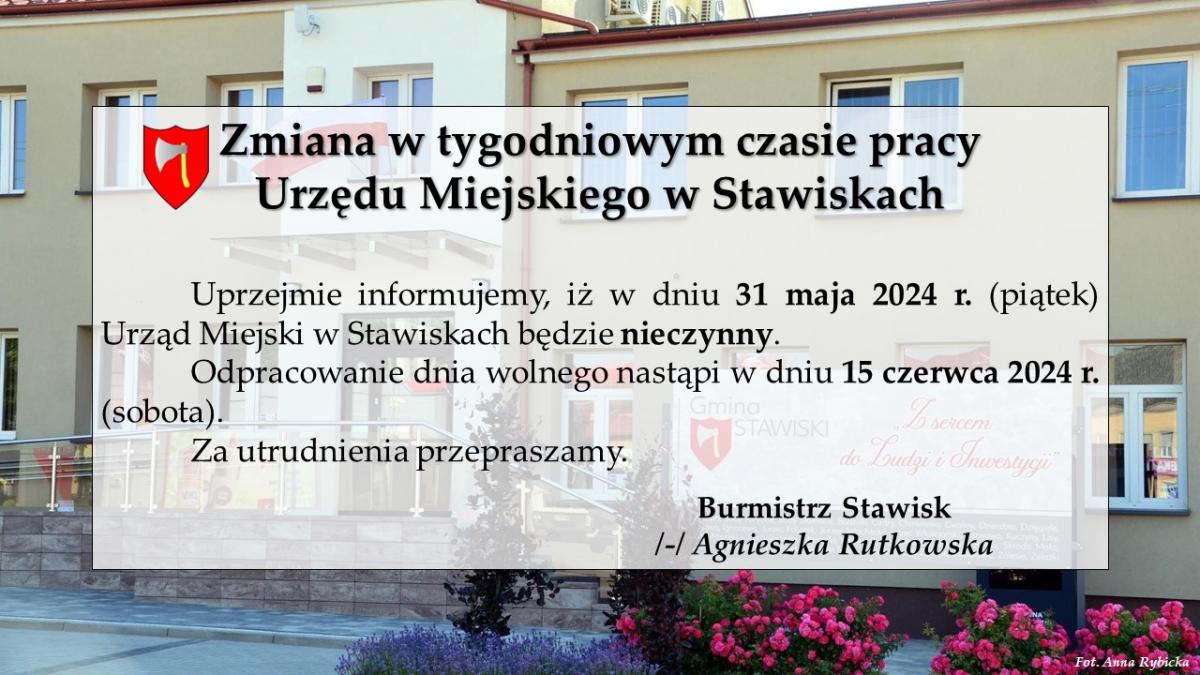 Zmiana w tygodniowym czasie pracy Urzędu Miejskiego w Stawiskach