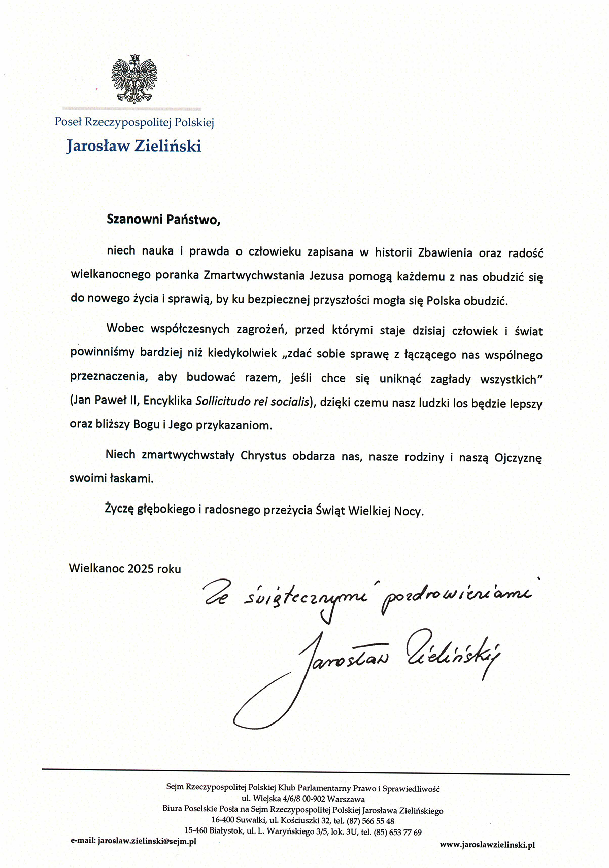Życzenia Wielkanocne Posła na Sejm RP Jarosława Zielińskiego