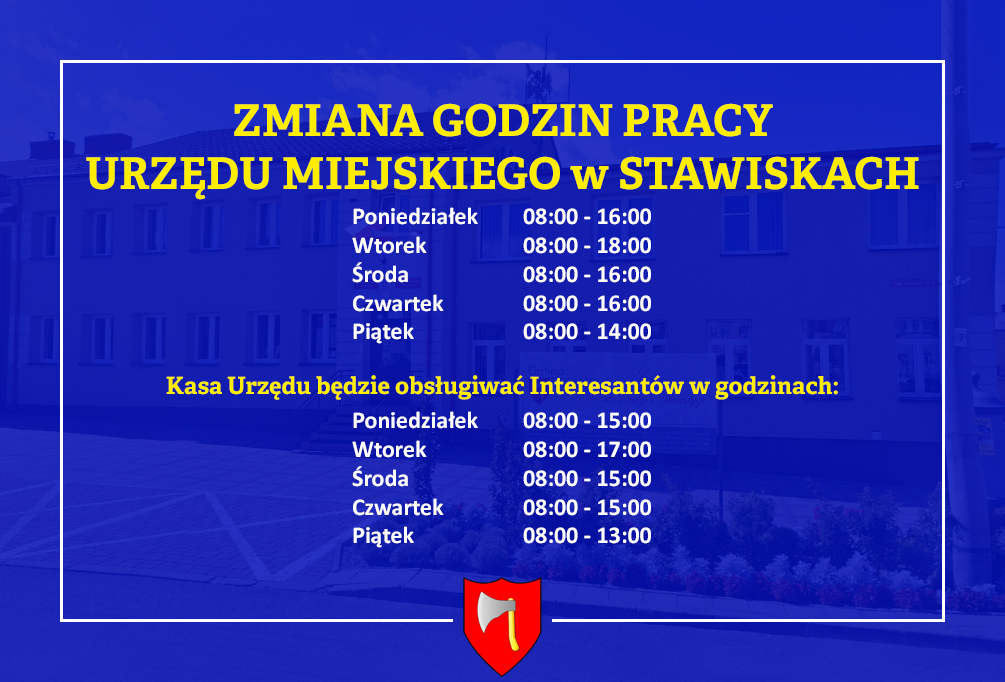 INFORMACJA O ZMIANIE GODZIN PRACY URZĘDU MIEJSKIEGO W STAWISKACH OD 22 LIPCA 2025 R.