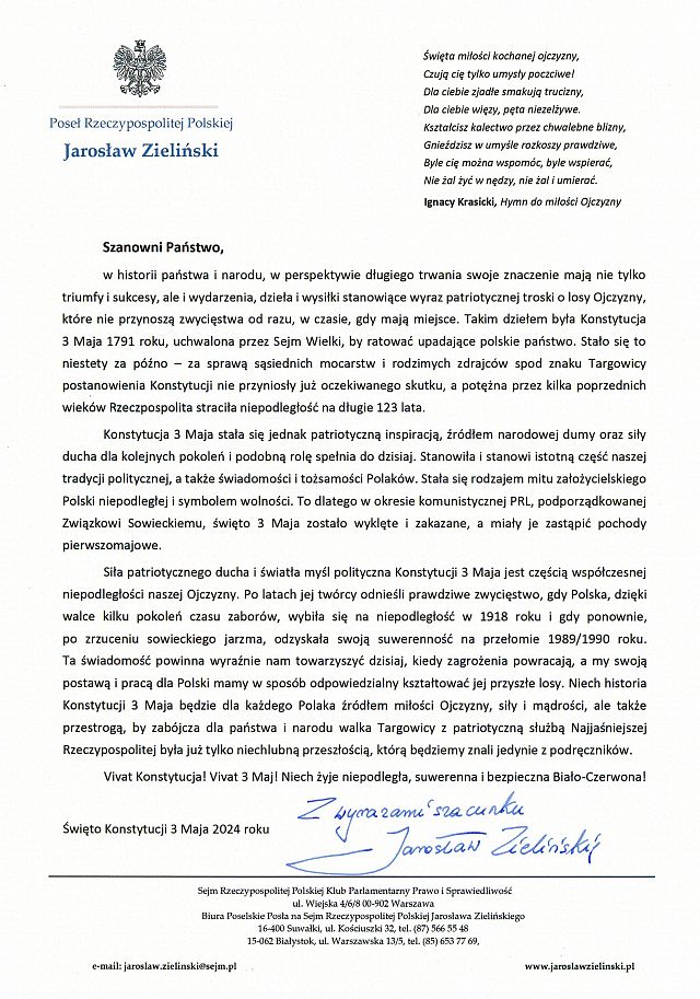 List Posła Jarosława Zielińskiego - święto Konstytucji 3 Maja.jpg