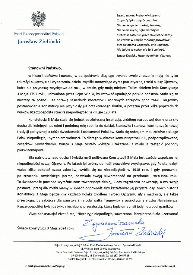List Posła Jarosława Zielińskiego - święto Konstytucji 3 Maja.jpg